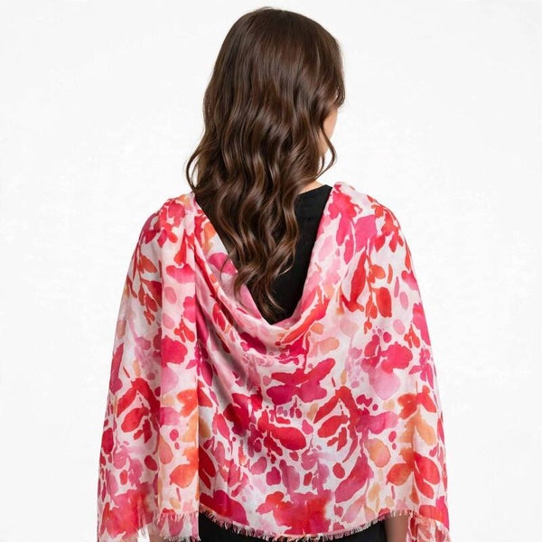 Foulard Donna Grande Estivo in Viscosa - Fantasia Acquerello Fucsia Rosa Corallo - Sciarpa Leggera Rettangolare XXL