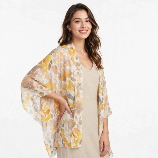 Foulard Grande Donna Estivo in Viscosa Leggera - Fantasia Foglie Acquerello Giallo Ocra Beige Taupe - Rettangolare XXL Sottile