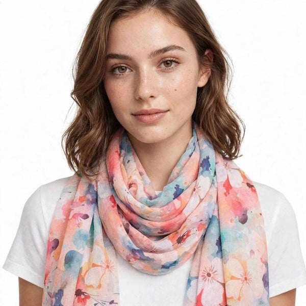 Foulard Rettangolare Grande in Viscosa Leggera - Fantasia Acquerello Corallo