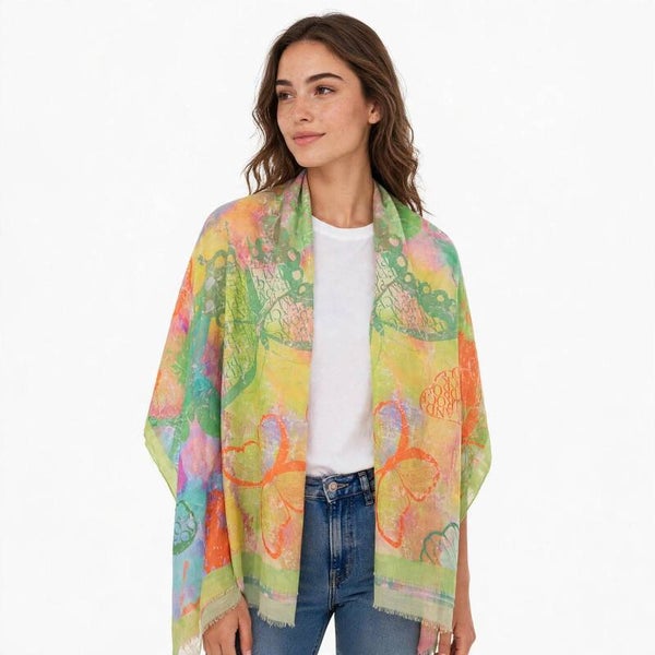 Foulard Grande Donna Estivo in Viscosa - Fantasia Farfalle Pastello Verde Rosa Arancio - Rettangolare XXL Leggero