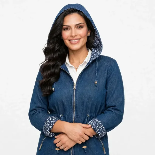Giacca Jeans Donna Elasticizzata con Cappuccio Removibile - Giubbino Denim Regular Fit con Coulisse Vita - S-2XL