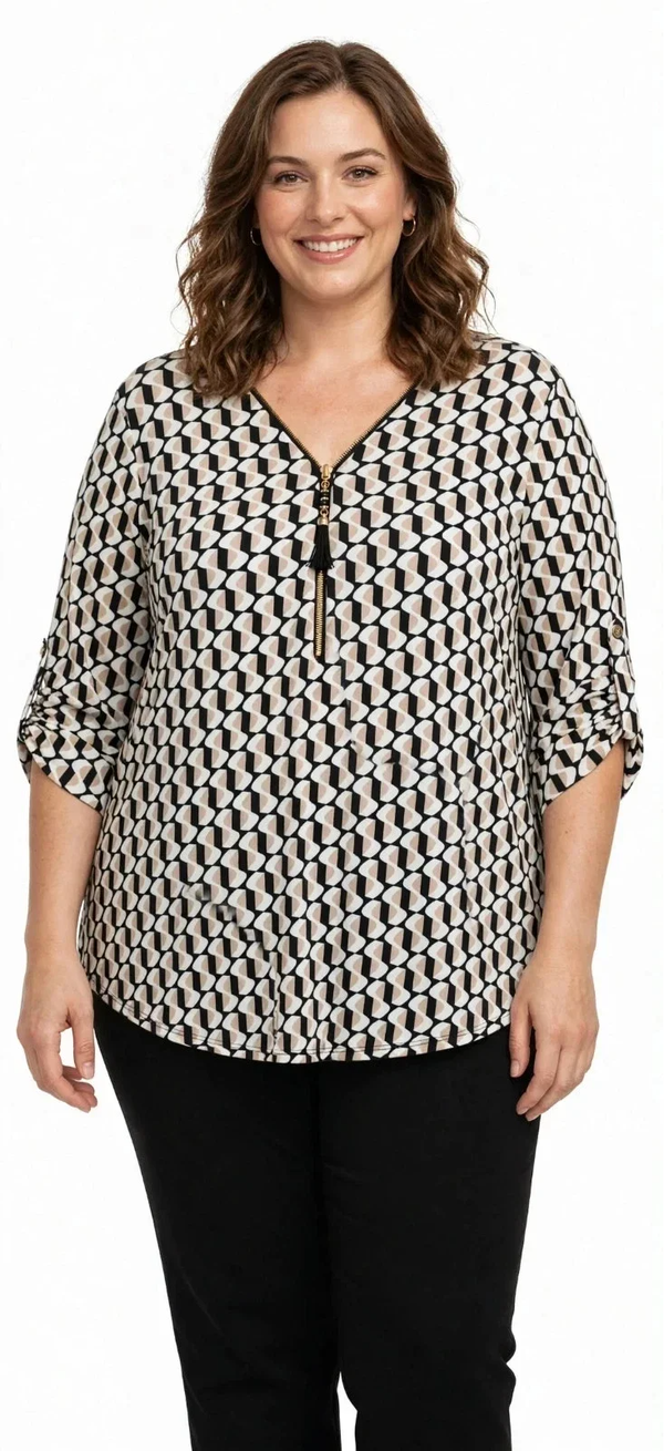 Blusa Donna Curvy Taglie Forti – Casacca Comoda con Scollo a V Zip e Nappina, Manica 3/4 Regolabile – 4 Fantasie
