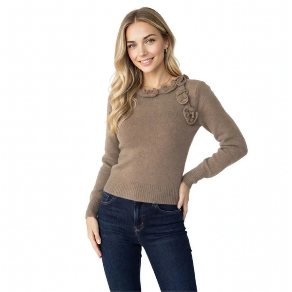 Maglione Donna Girocollo Beige Scuro con Fiori 3D - Slim Fit Elasticizzato Misto Lana Caldo