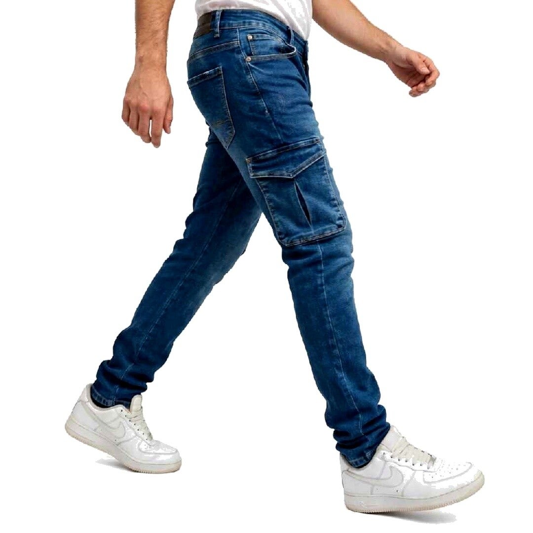Jeans Cargo Uomo Slim Fit con Tasche Laterali – Blu Medio, Taglie 44-52