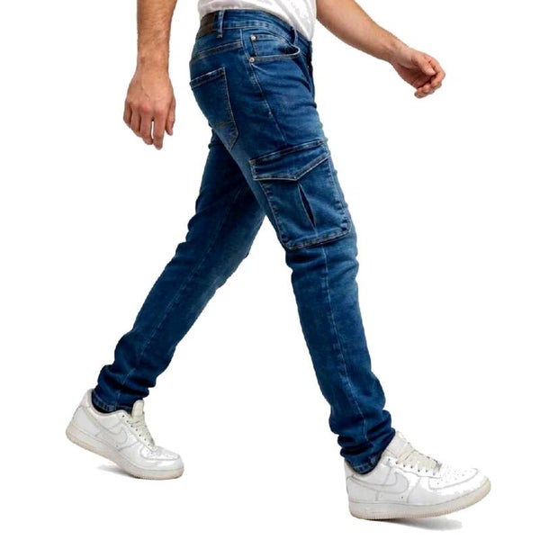 Jeans Cargo Uomo Slim Fit con Tasche Laterali – Blu Medio, Taglie 44-52