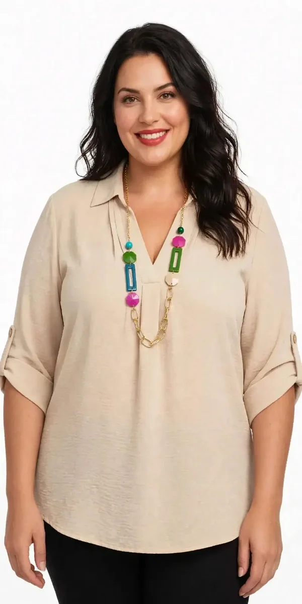 Maglia Donna Manica Regolabile con Bottone - Taglia Comoda Curvy - Blusa con Sprone e Collo - Beige
