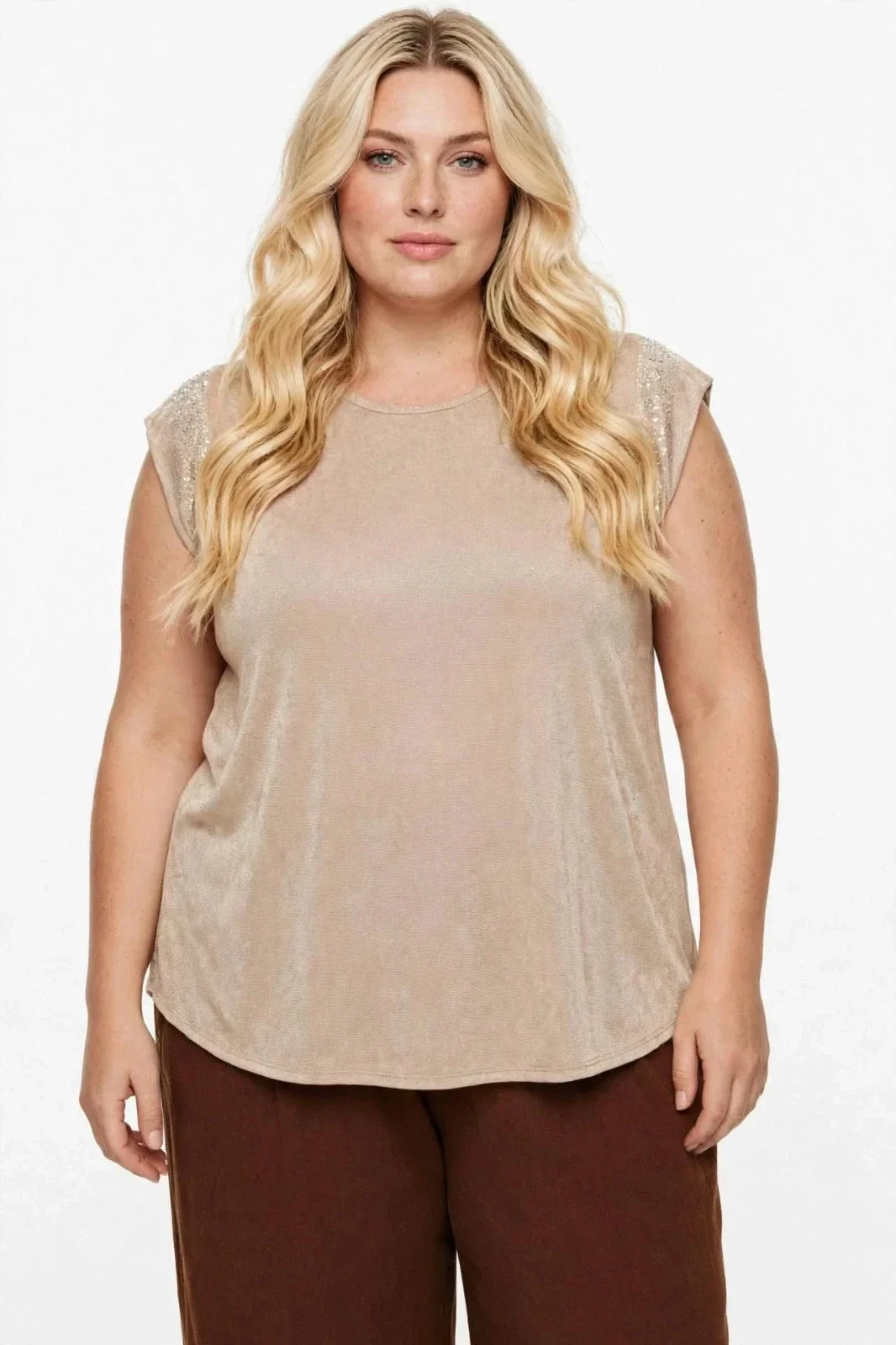 Maglia Donna Comoda Curvy Beige con Strass - Modello Svasato a Campana Manica Corta - Taglia Unica