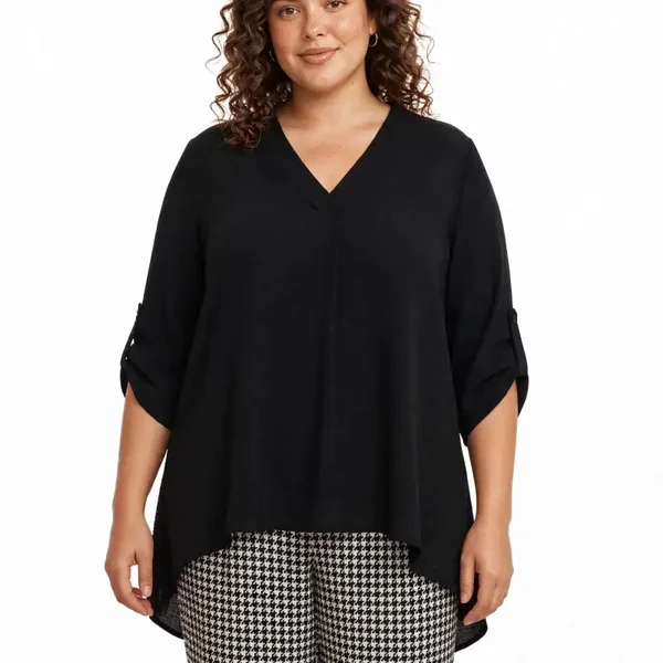 Maglia Donna Manica Regolabile con Bottone - Taglia Comoda Curvy - Blusa con Sprone - 95% Viscosa - Nera