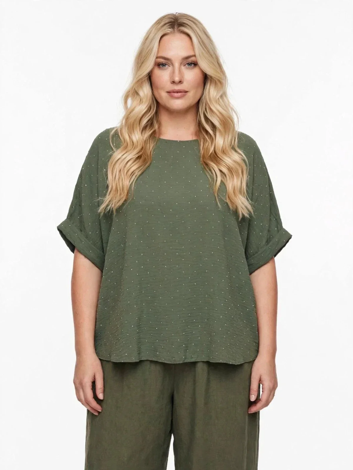 Maglia Donna Manica Corta Taglia Comoda Curvy - Blusa Verde con Strass - Girocollo Oversize