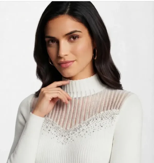 Maglia Donna Dolcevita Lupetto con Strass e Velatura Trasparente - Elasticizzata Aderente Slim - Sottogiacca Elegante Autunno Inverno