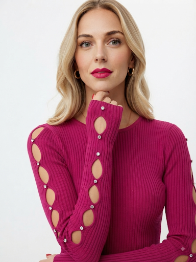 Maglia Donna Fuxia Elasticizzata a Costine con Maniche Traforate e Strass - Blusa Sexy Slim Fit Taglia S/M
