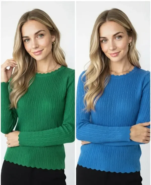 Maglia Donna Girocollo Aderente Slim Fit - Lavorazione a Treccia e Costine - Verde e Turchese - Taglia Unica Petite