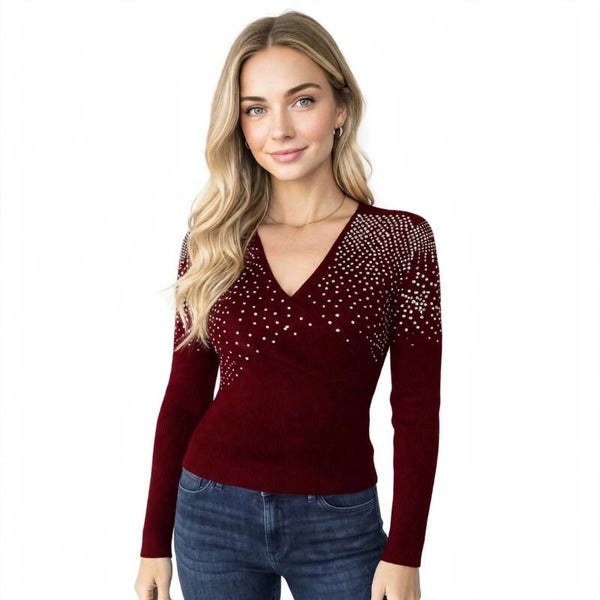 Maglia Donna Incrociata Scollo a V Aderente Elasticizzata con Strass - Costine - Blusa Elegante Autunno Inverno - S/M M/L