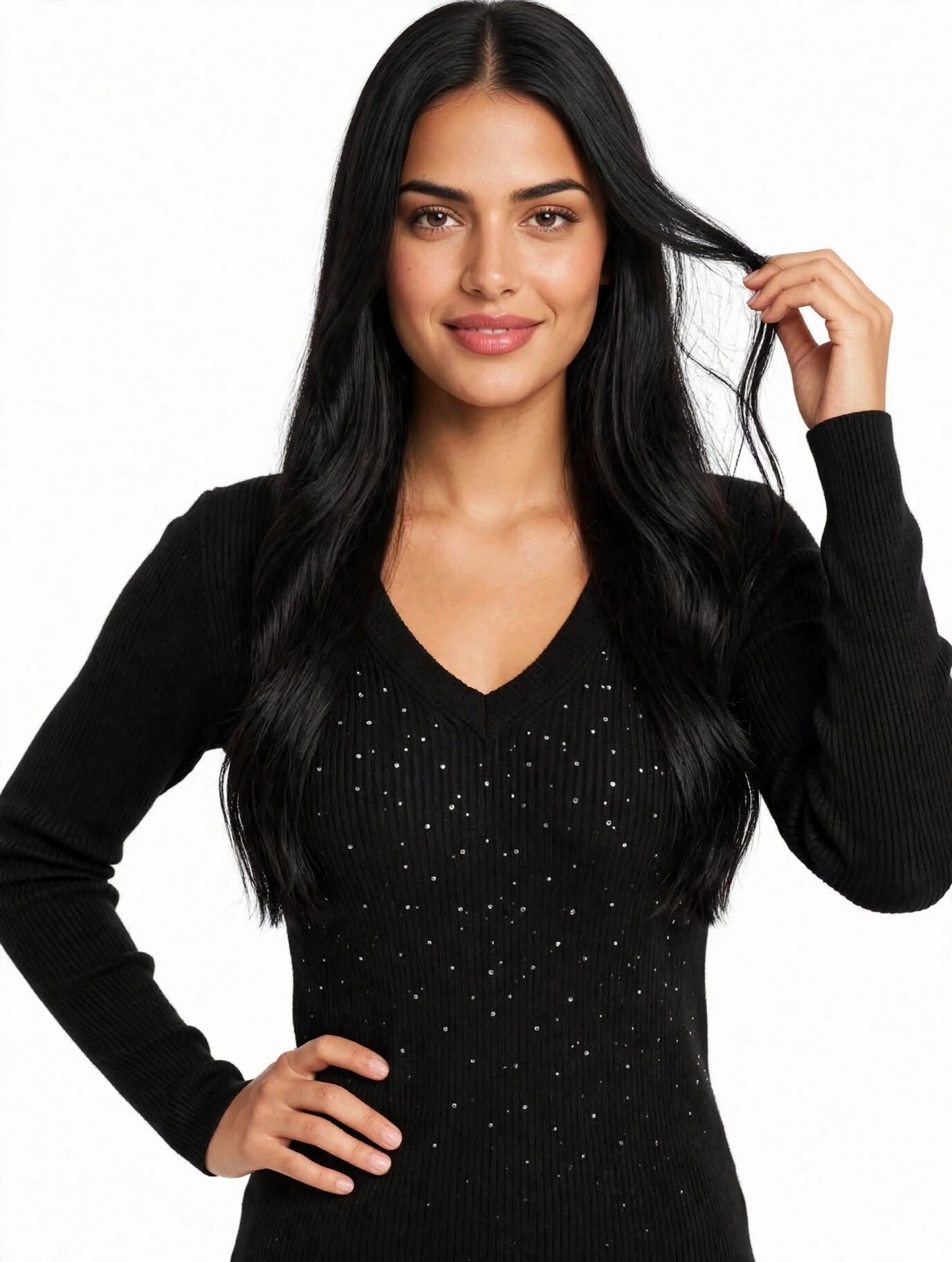 Maglia Donna Elegante - Sottogiacca con Strass Scollatura a V - Tessuto a Costine elasticizzato