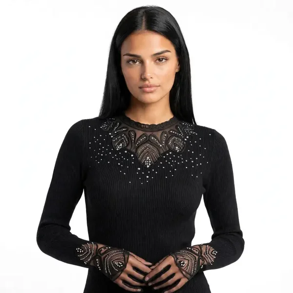 Maglia donna Elegante con Strass e Trasparenze - Sottogiacca Elasticizzato a costine