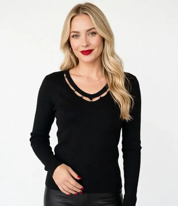 Maglioncino Donna Scollo a V con Perle - Pullover Slim Fit Manica Lunga Elegante - Nero e Bianco
