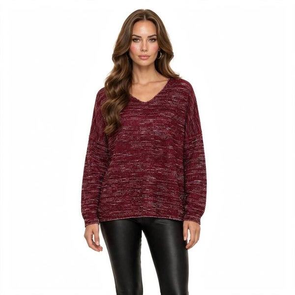 Maglione Donna Scollo V Bordeaux Lurex Argento - Pullover Invernale Vestibilità Comoda Curvy - Taglia Unica