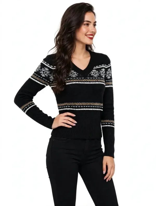 Maglioncino Donna Scollo a V Nero - Misto Lana Slim Fit Morbido e Caldo