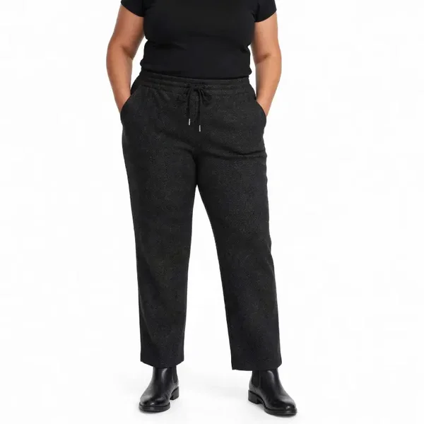 Pantalone Curvy Donna Invernale Spina di Pesce Grigio Nero - Vita Alta con Elastico e Coulisse - Gamba Ampia Dritta - Taglia Unica Comoda