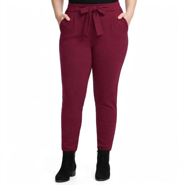 Pantalone Donna Curvy Vita Alta con Fiocco - Tessuto Autunno Inverno Comodo - Blu e Bordeaux