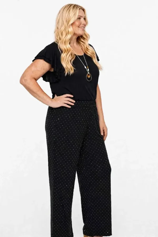 Pantalone Donna Elegante con Strass - Vita Alta con Elastico - Gamba Ampia Dritta - Taglia Comoda