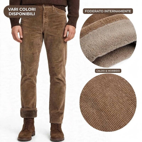 Pantalone Uomo in Velluto a Costine Imbottito e Foderato in Pile - Modello 5 Tasche - Vita Alta Regular Fit - Taglie Forti dalla 46 alla 58