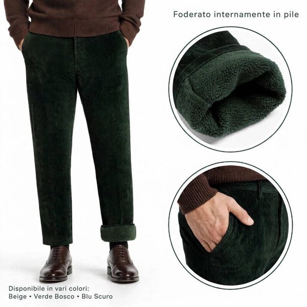 Pantalone Uomo Invernale in Velluto a Costine Imbottito e Foderato in Pile - Modello Classico con Tasca alla Americana - Vita Alta - Gamba Larga - Taglie Forti dalla 48 alla 60