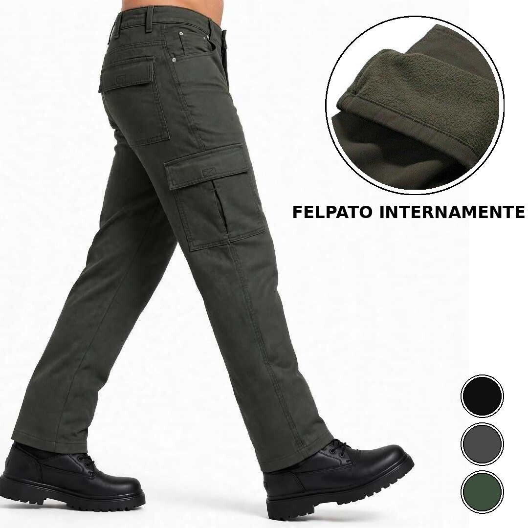 Pantaloni Cargo Uomo Invernali Imbottiti Felpati in Pile Vita Alta con Tasche Laterali Vestibilità Regolare da Lavoro - Grigio Verde Nero