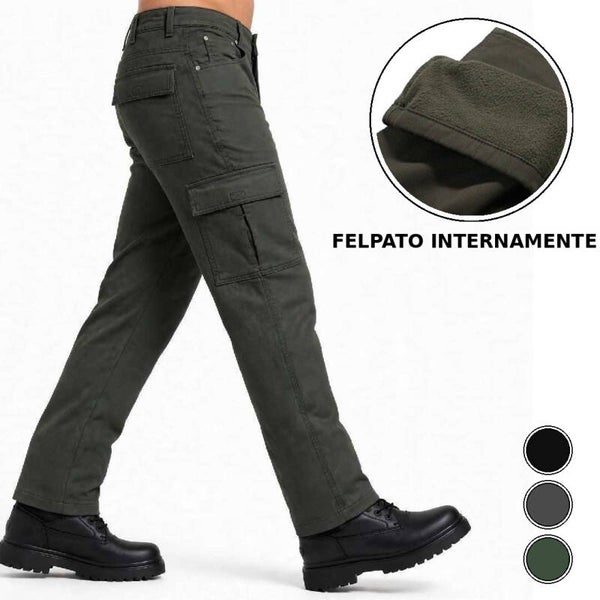 Pantaloni Cargo Uomo Invernali Imbottiti Felpati in Pile Vita Alta con Tasche Laterali Vestibilità Regolare da Lavoro - Grigio Verde Nero