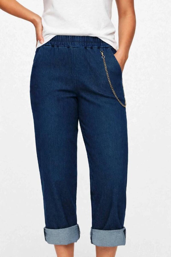 Pantalone Jeans Donna Estivo Leggero Chambray - Vita Alta con Elastico - Taglie 46-56 - 95% Cotone
