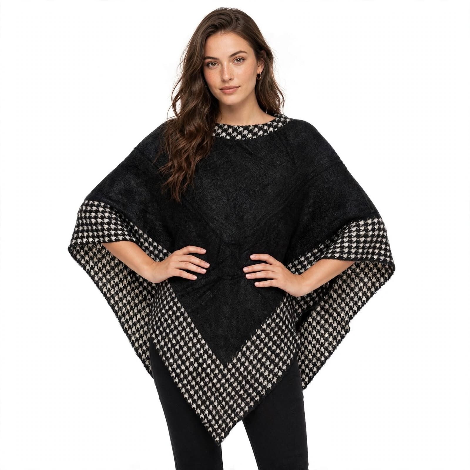 Poncho Donna Panna e Nero Pied De Poule – Mantella Morbida Calda Invernale Taglia Unica con Bordo Houndstooth