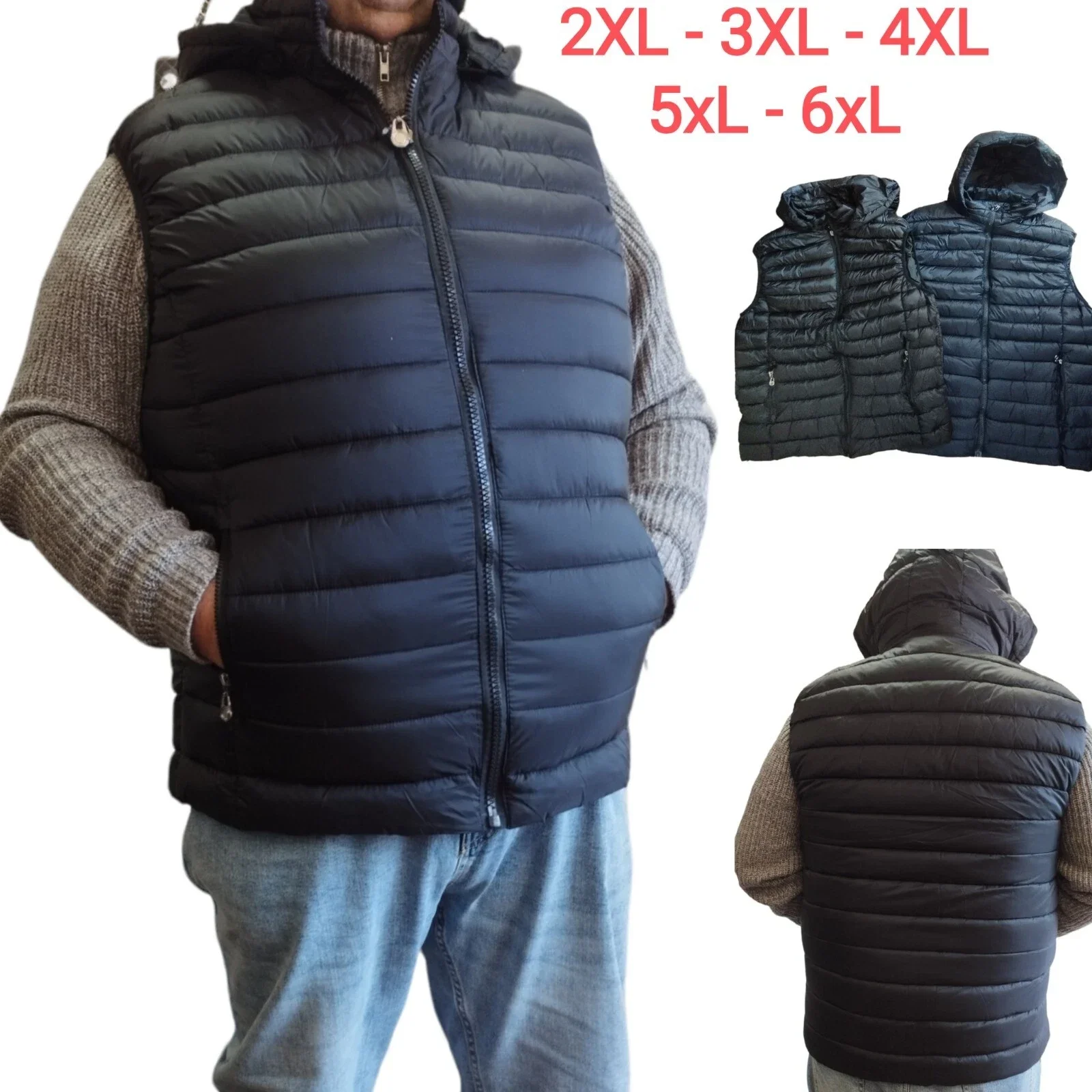 PIUMINO GILET UOMO 100 GRAMMI TAGLIE FORTI SMANICATO CON CAPPUCCIO REMOVIBILE