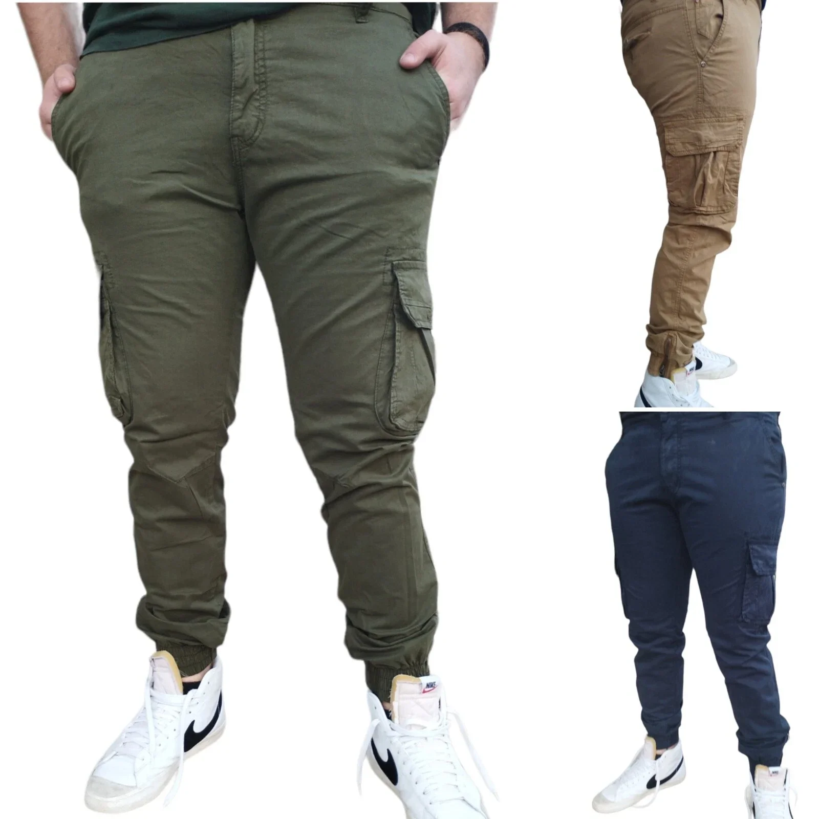 PANTALONE UOMO CARGO ESTIVI LEGGERI ADERENTI IN CONTONE SLIM FIT CON TASCHE LATERALI