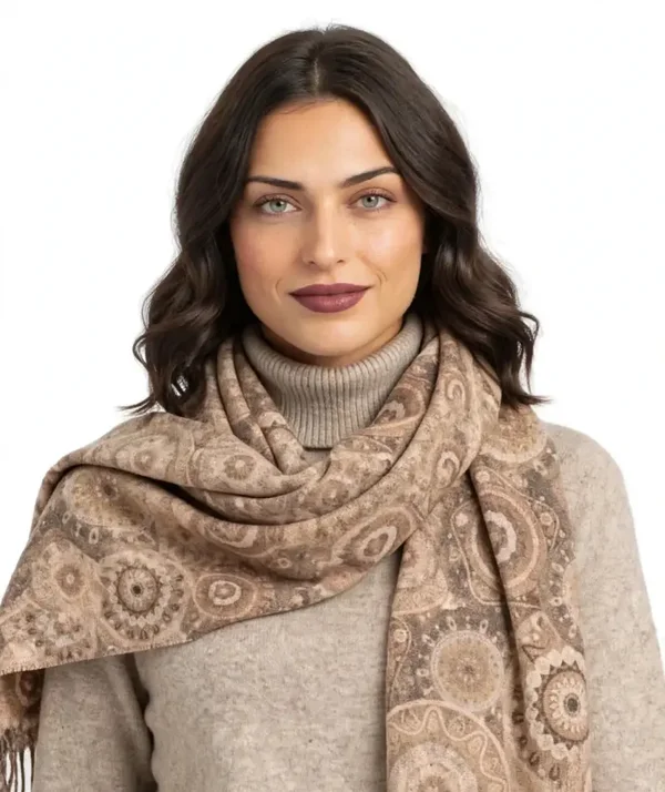 Sciarpa Donna Invernale Elegante - Stola Calda a Fantasia Astratta Mandala Beige | 190x65cm