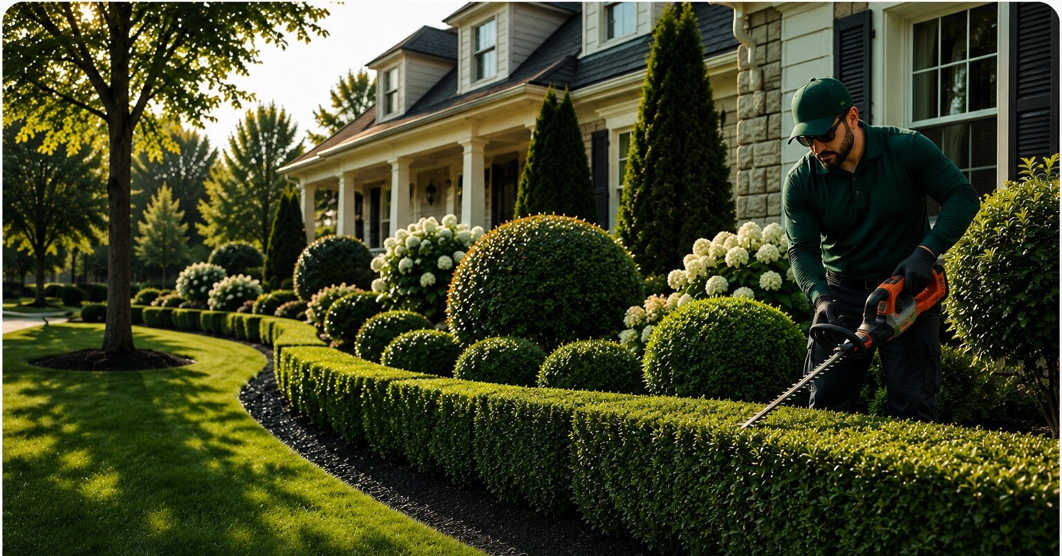 DSM crew member trimming a hedge with power trimmers