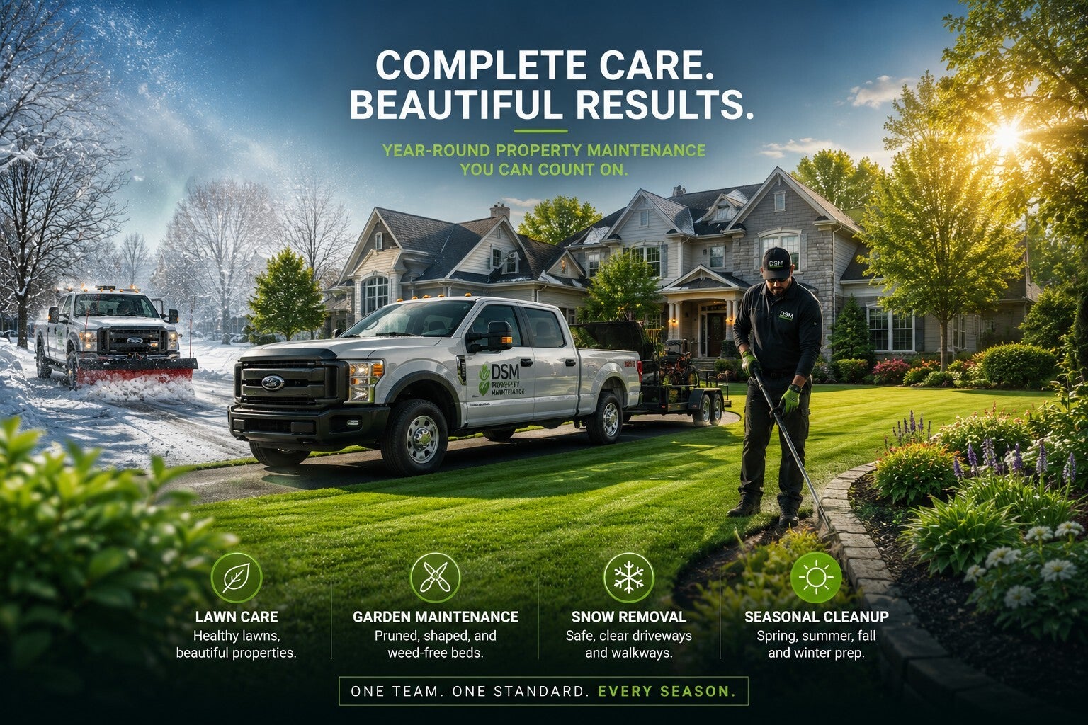 DSM Property Maintenance crew servicing a property in every season
