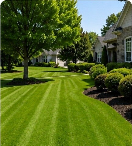 Freshly mowed lawn with crisp mowing lines on a residential property