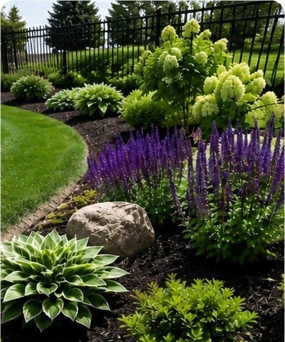 Landscaped garden bed with mulch and plantings