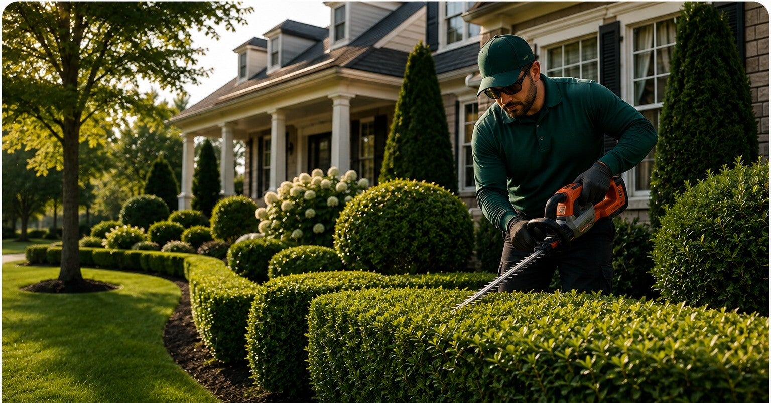 DSM crew member trimming a hedge with power trimmers