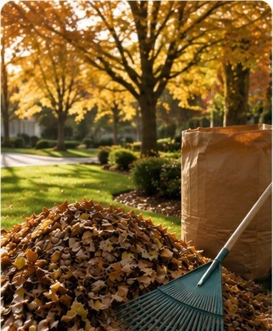 Pile of raked autumn leaves with a rake and leaf bag