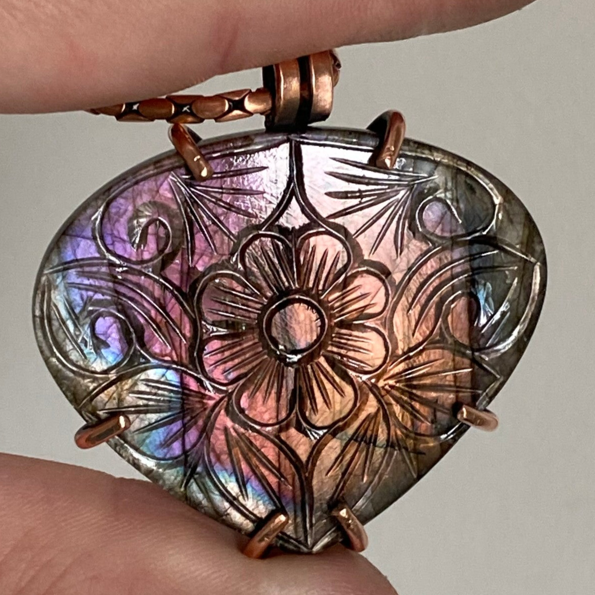 Carved Labradorite Copper Pendant.