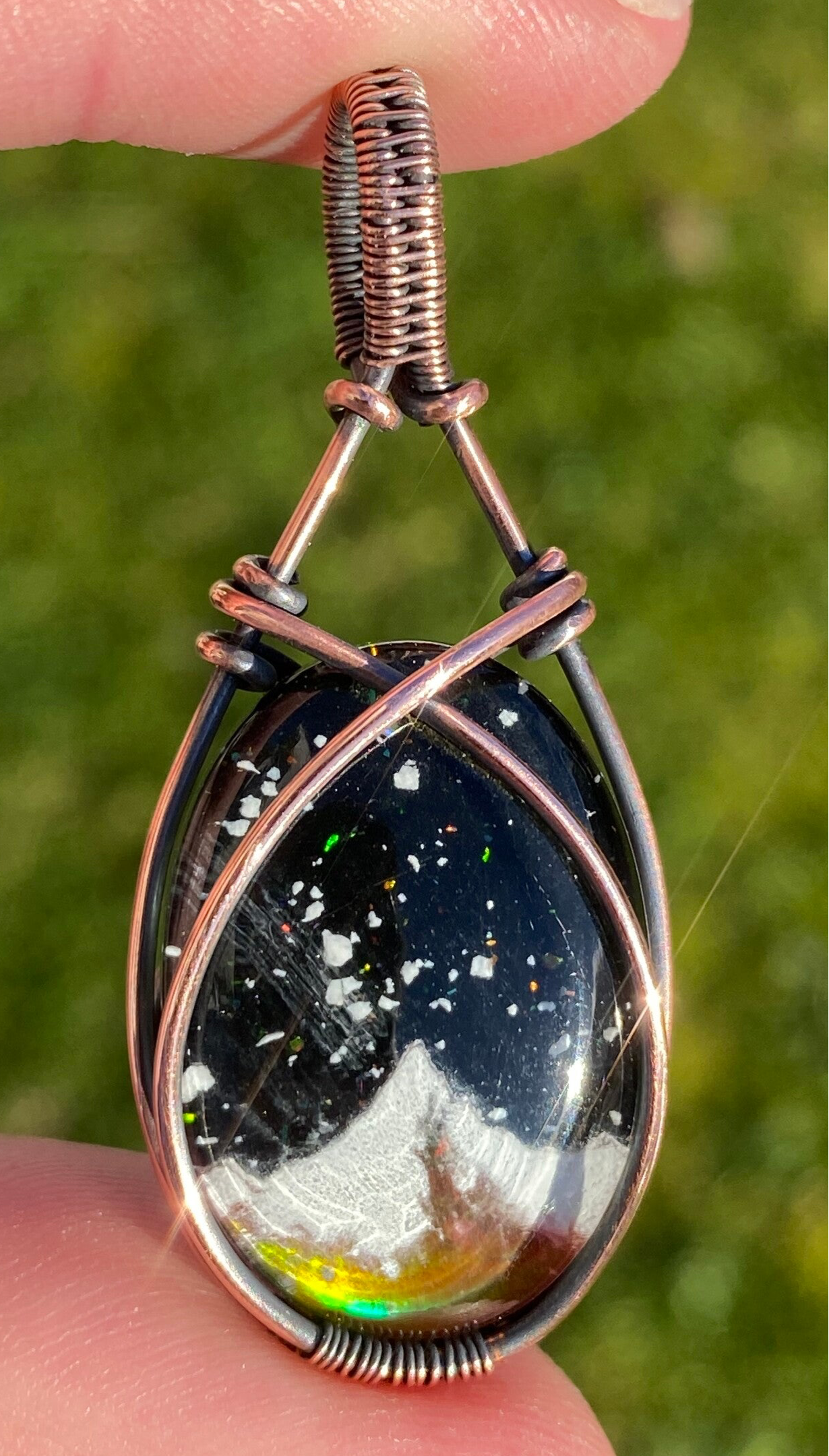 Aurora Opal Senic View Snow Flakes Copper Pendant.