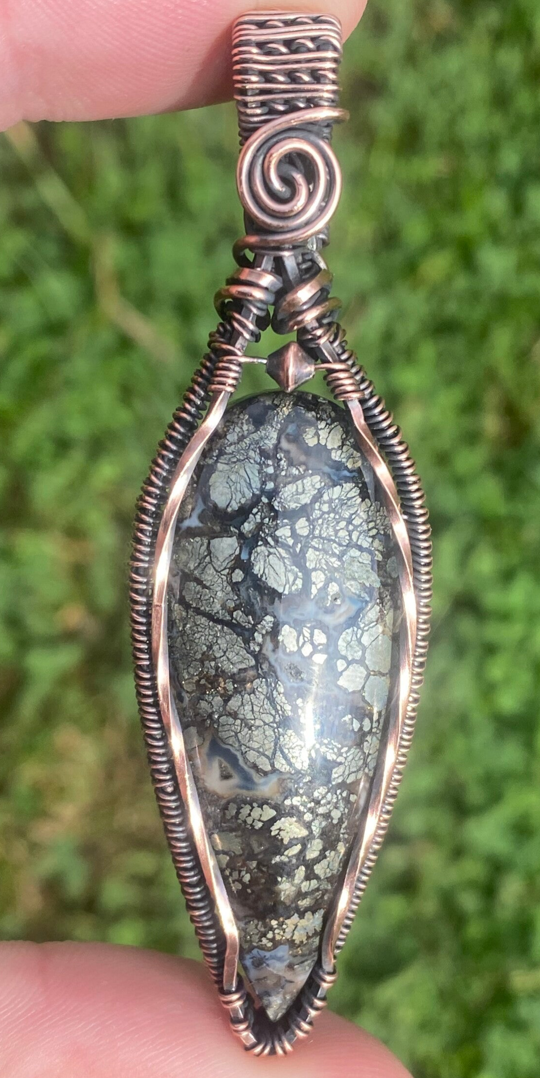 Black Marcasite Copper Wire Wrapped Pendant.