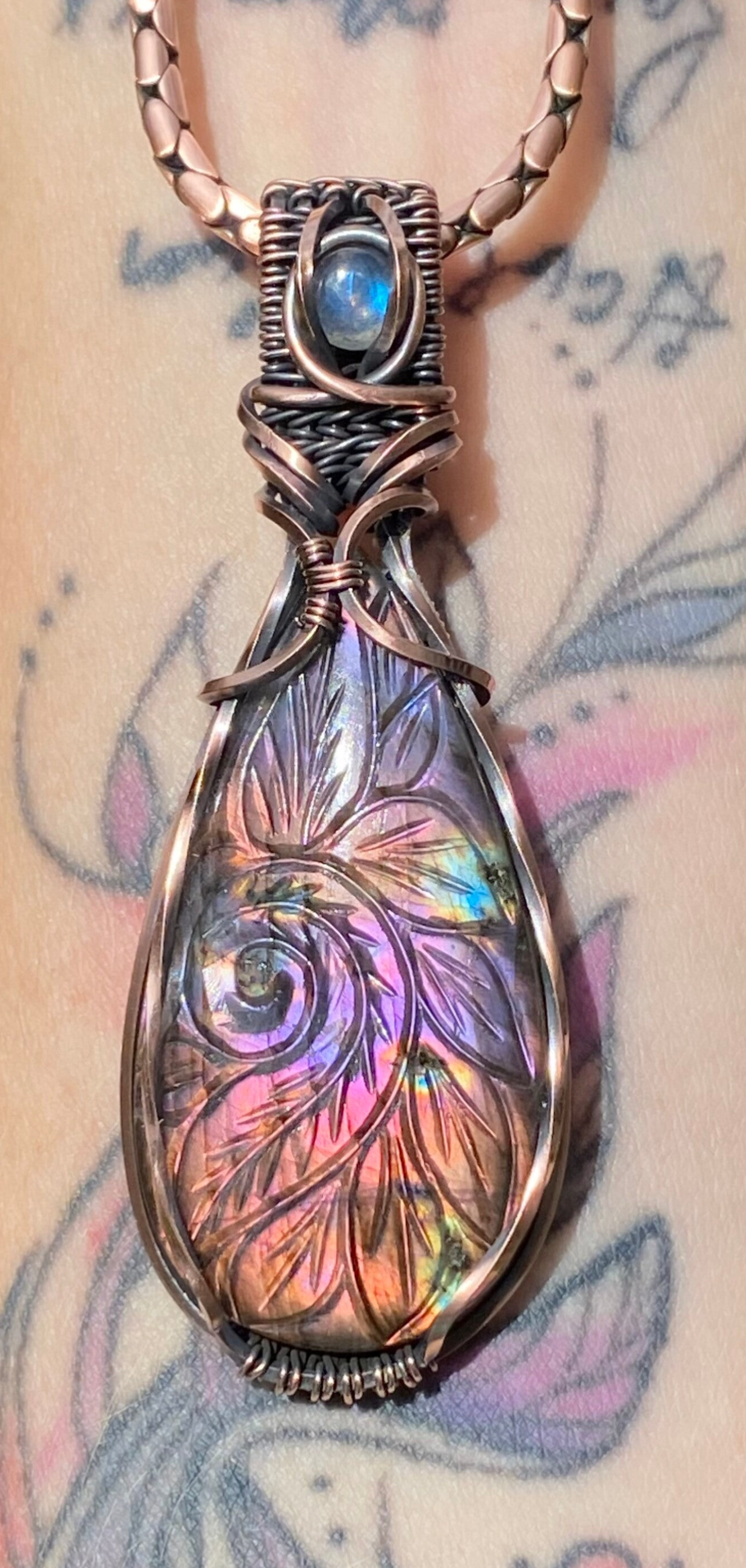 Carved Labradorite & Labradorite Copper Pendant.