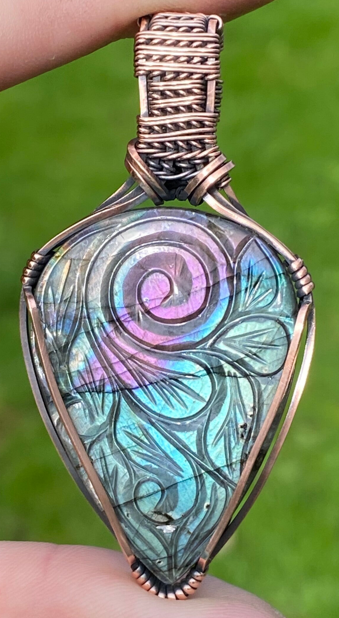 Carved Labradorite Copper Pendant.