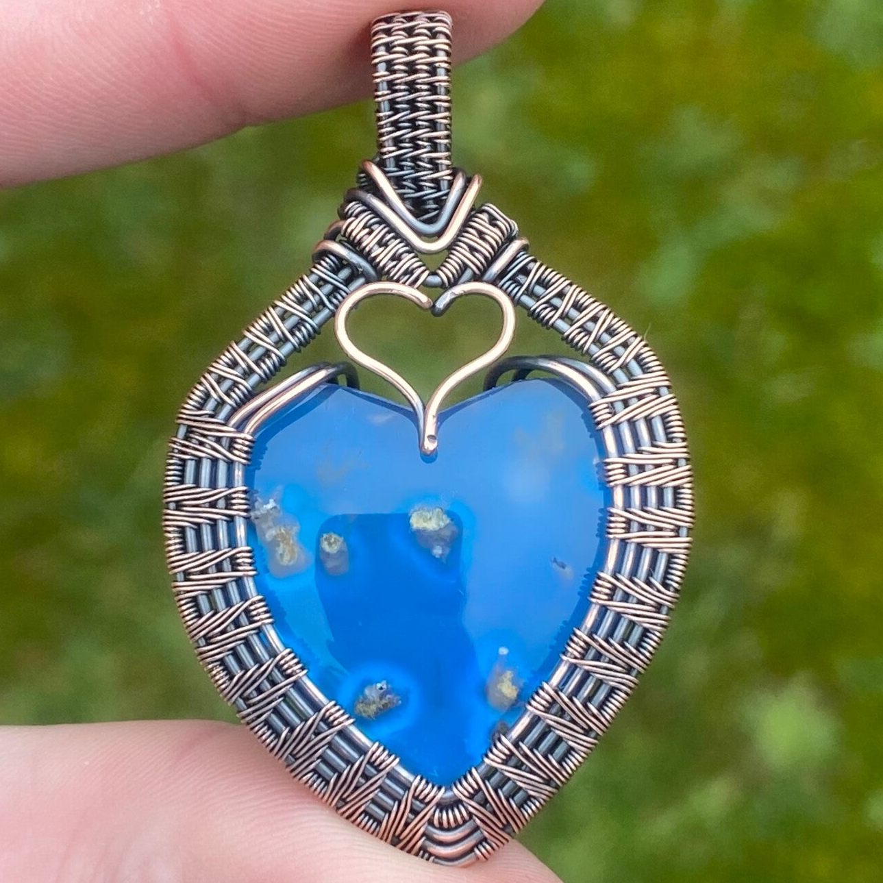 Blue Moss Agate Doublet Heart Pendant.