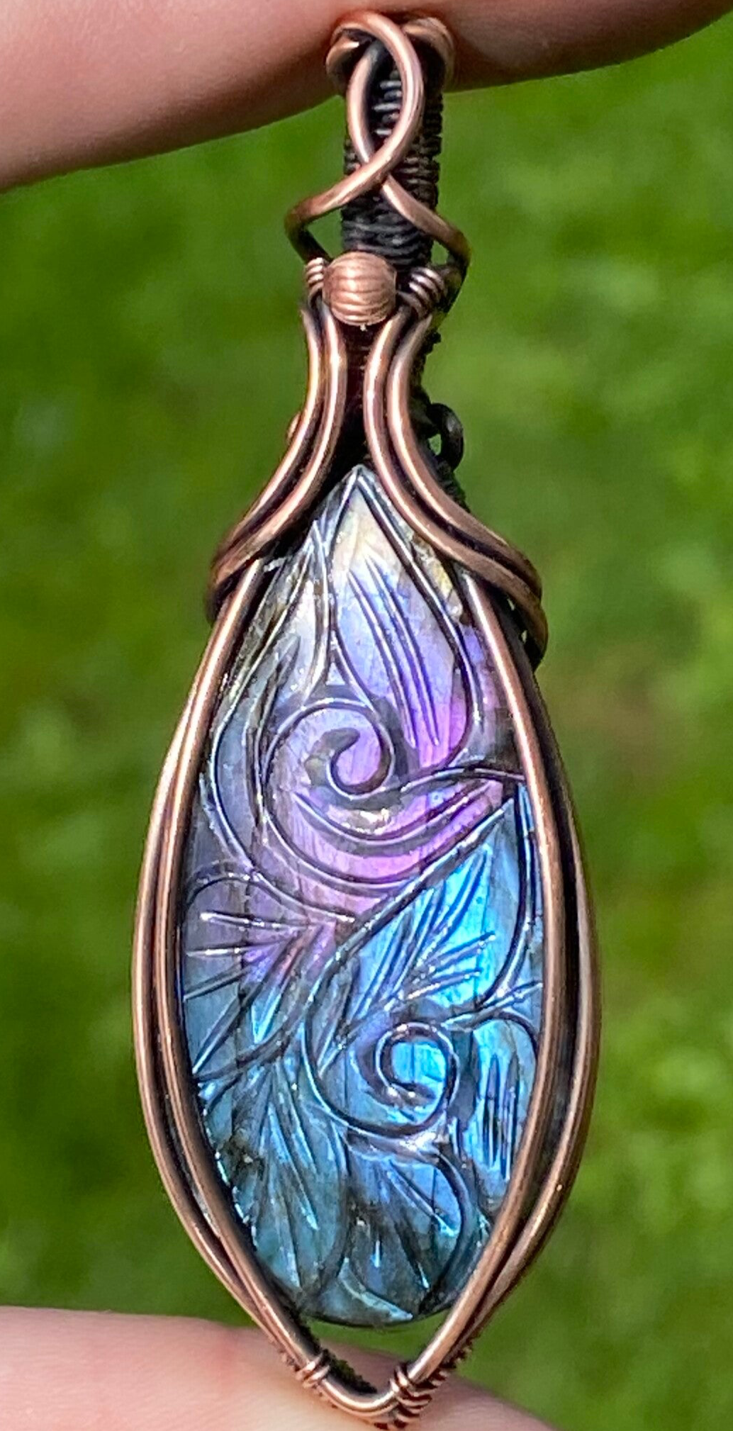 Carved Labradorite Copper Pendant.