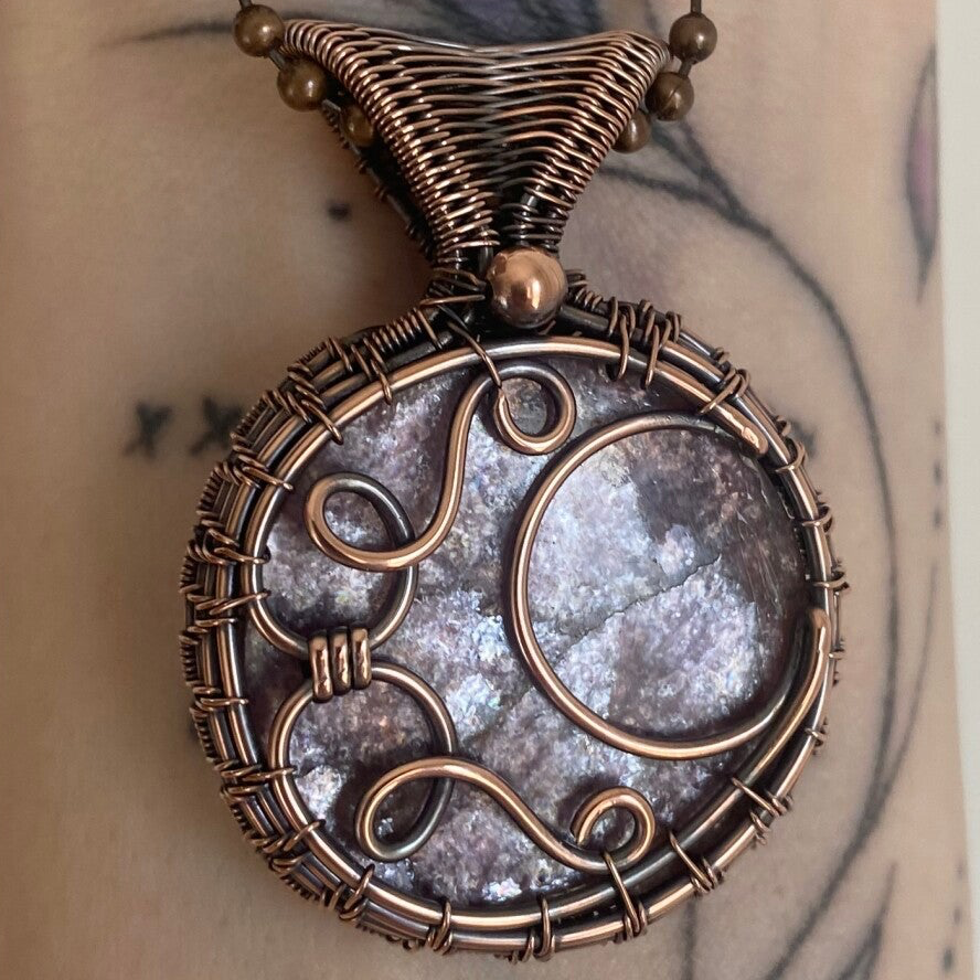 Lepidolite Mica Moon Pendant In Copper.