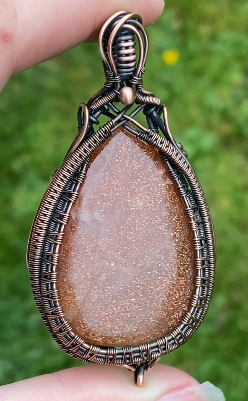 Natural Orange Sunstone Copper Pendant.