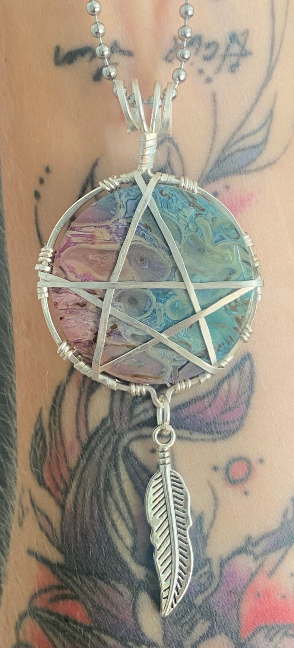 Dyed Palm Root Pentacle Pendant.(Silver filled)